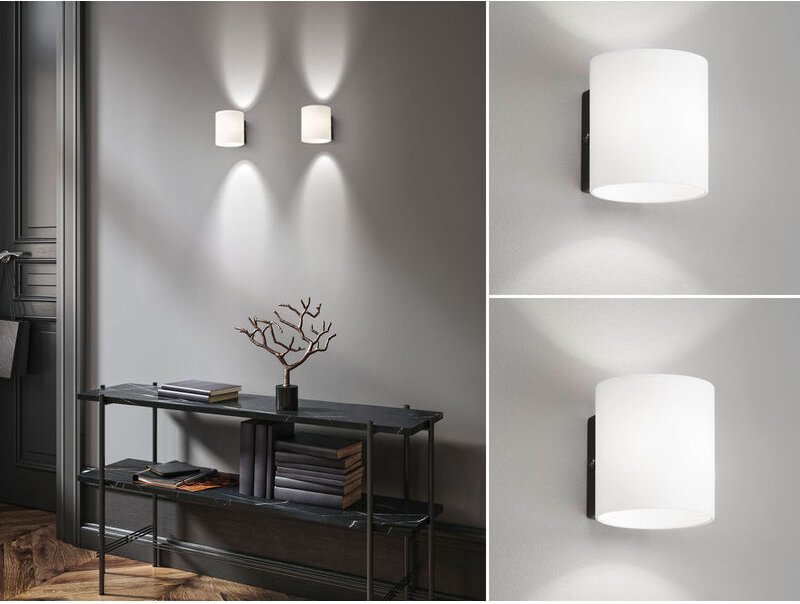 2er SET kleine LED Wandlampen mit Schalter, Opalglas Weiß / Schwarz, Höhe 9cm