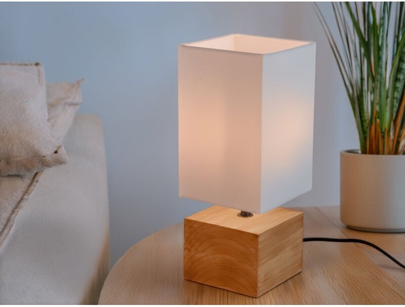 Tischleuchte woody Holzfuß mit Stoffschirm in Weiß, Höhe 30cm