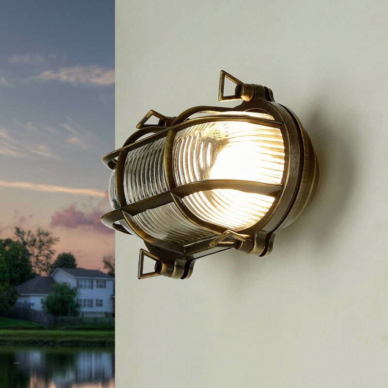 Außenwandlampe IP64 Glas Echt-Messing Maritim E27 Wandleuchte außen Hof