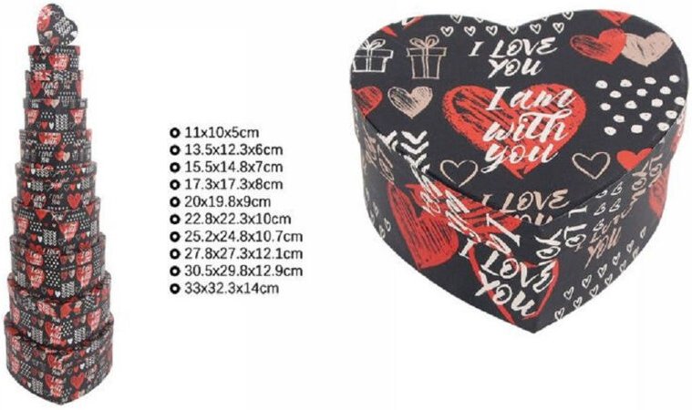 Trade Shop Traesio - Trade Shop - set 10PZ scatole box regali varis misure matrioska forma cuore nera scritte 71970 -