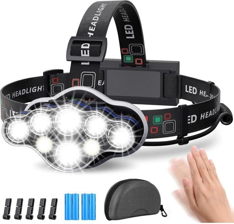 Stirnlampe, 18000 Lumen, 8 LEDs, 8 Leuchtmodi, extrem leistungsstarke, per USB aufladbare 90°-LED-Stirnlampe