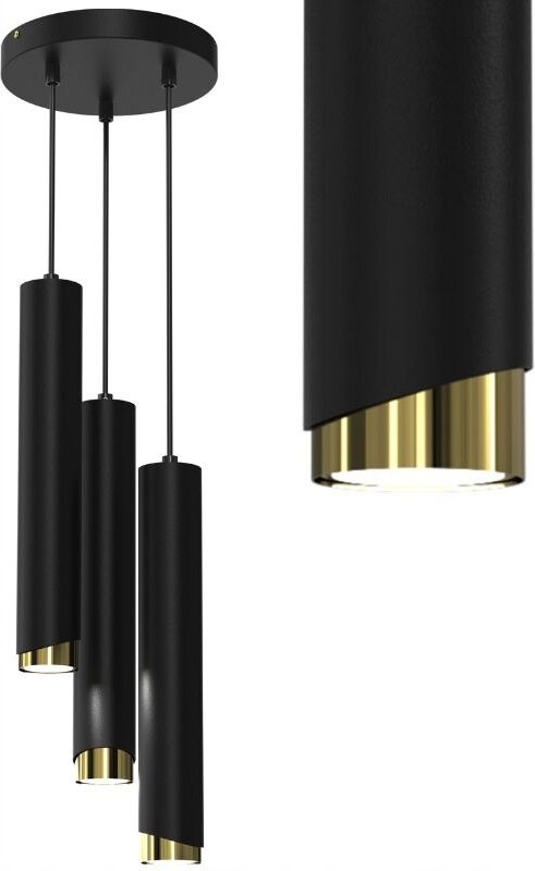 Lampe hängt an einem Radrohrrohr 3x Gu10 schwarzgold BEVEL