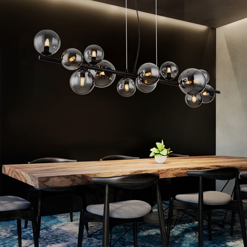 Led Pendelleuchte Esszimmerlampe Hängelampe Wohnzimmerleuchte, Metall schwarz Glas rauchfarben, Höhenverstellbar 13 Flam...