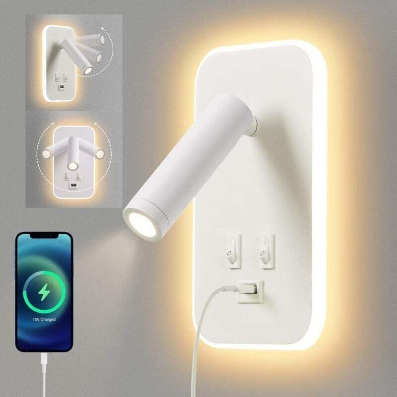 LED-Wandleuchte, Nachttischlampe mit Schalter, USB-Ladeanschluss, einstellbare Ambientebeleuchtung fürs Schlafzimmer (3 ...