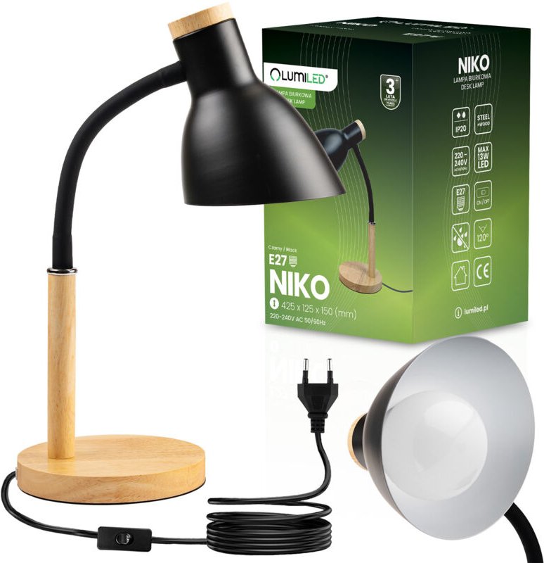 Schreibtischlampe für Schule, Zeichentisch, dekorativ, E27, NIKO, Schwarz, Lumiled