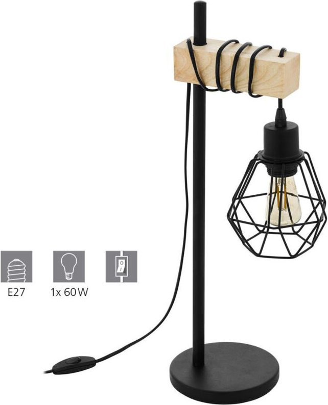 Tischleuchte 22x50 cm aus schwarzem Metall und Holzständer - Eglo Townshend