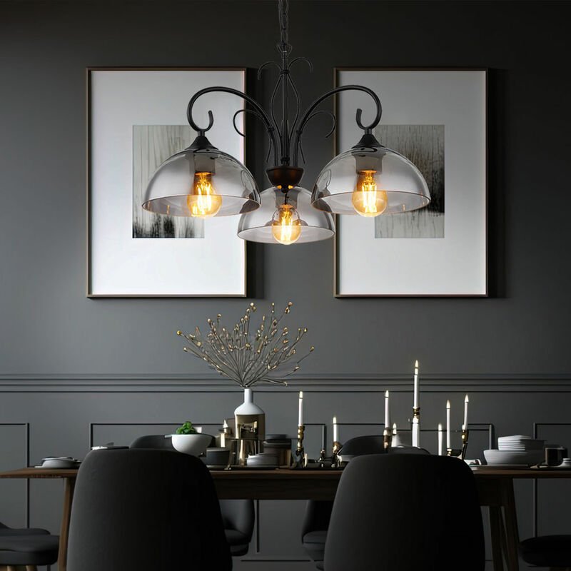 Pendelleuchte Hängeleuchte Hängelampe Wohnzimmerlampe Esstischlampe, Metall schwarz Rauchglas, Höhenverstellbar 3 flammi...