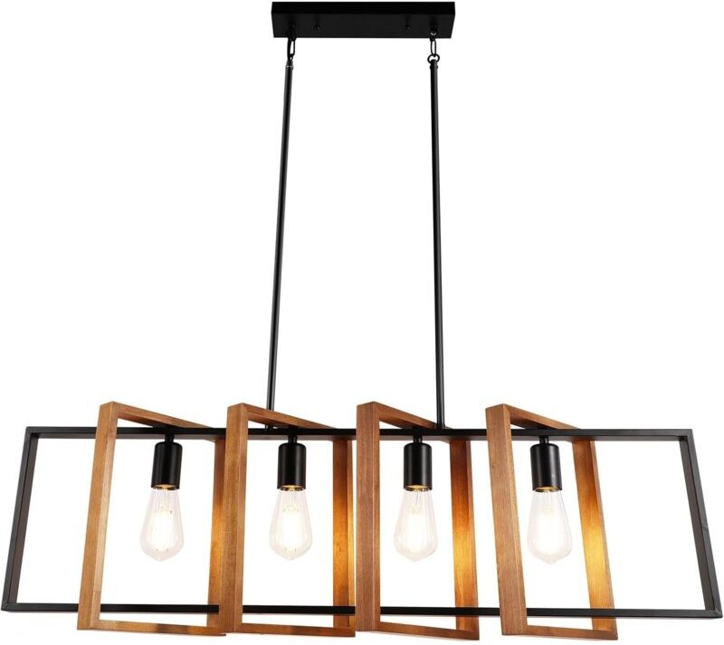 Moderne Kücheninselbeleuchtung, 4-flammig, 90 cm. Moderne Pendelleuchte aus Metall und Holz in rustikaler schwarzer Holz...