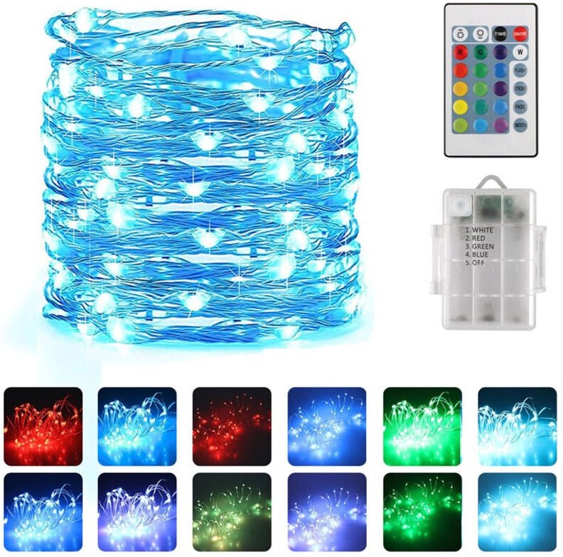 Farbige Lichterkette, 10 m, 100 LEDs, 18 mehrfarbig wechselnde Lichterkette für den Innenbereich, silberfarbene Lichterk...