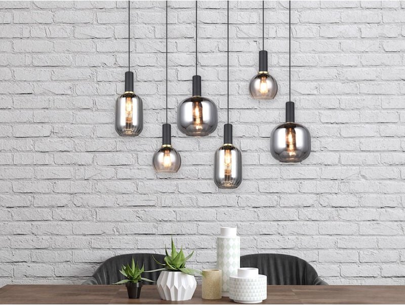 Led Pendelleuchte 6-flammig mit Glasschirmen Chrom bedampft, Breite 92cm