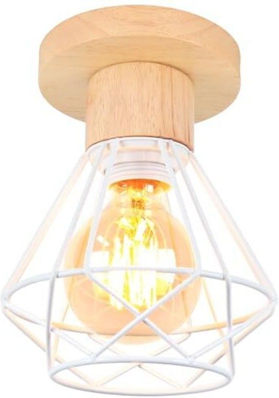 Industrielle Deckenleuchte, 16 cm Vintage E27 Retro-Pendelleuchte im Käfigdesign aus Eisen und Holz, weiße Deckenleuchte...