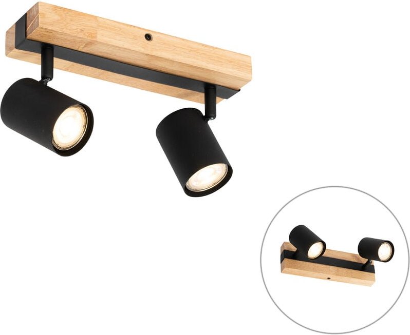 Qazqa - Deckenleuchte schwarz mit Holz 2-flammig verstellbar rechteckig - Jeana