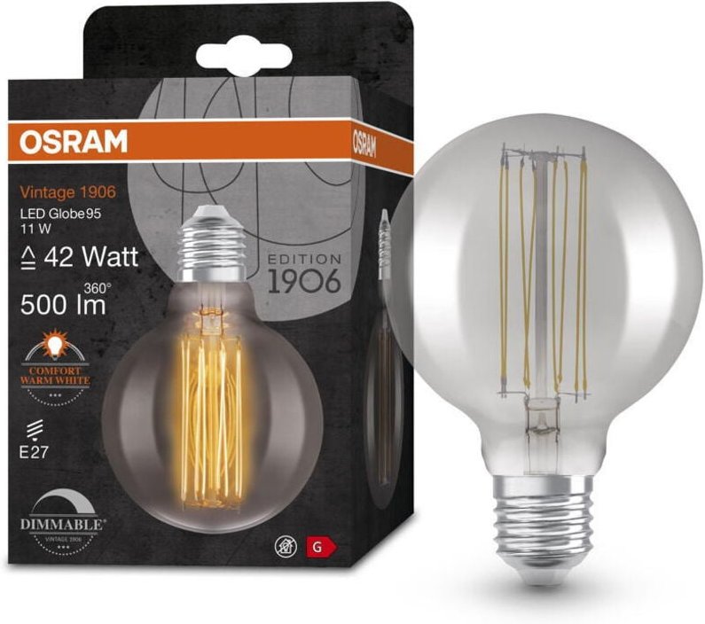 Osram - Vintage 1906 LED-Lampe mit Smoke-Tönung, 11W, 500lm, Kugel-Form mit 95mm Durchmesser & E27-Sockel, warmweiße Lic...
