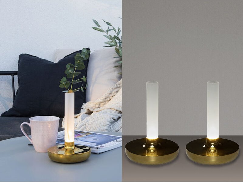 Thumbnail - 2er Set Außentischleuchte und Blumenvase mit Akkubetrieb, Gold Höhe 20cm