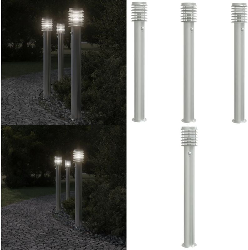 Thumbnail - Wegeleuchten mit Bewegungsmelder 3 Stk. Silbern 110cm Edelstahl - Outdoor-Beleuchtung - Gartenlampe - LED-Lampe - Bewegu...