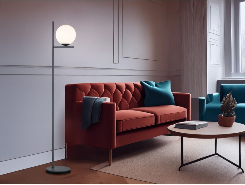 Trio - Retro Stehlampe pure Schwarz mit Glaskugel Lampenschirm Weiß, Höhe 150cm