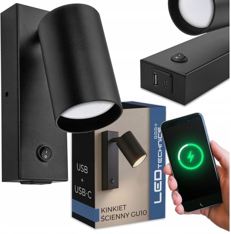 LED-Wandleuchte mit Schalter „Nacht über dem Bett“ + USB-C