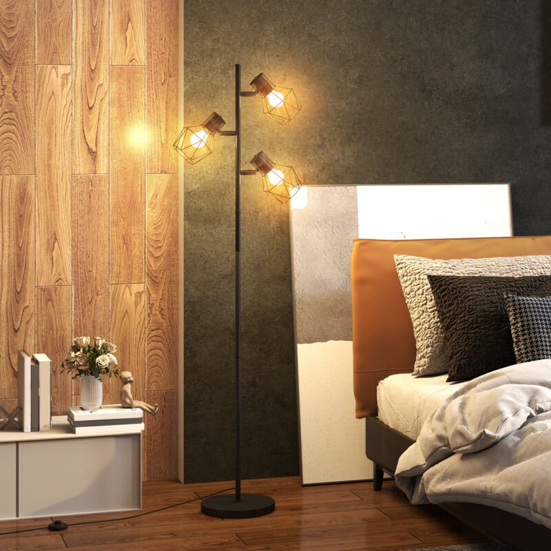 Stehleuchte mit 3 E27-Fassungen, 40W, verstellbare Flammen, Standlampe 169 cm, Metall, für Wohnzimmer, Schwarz, ohne Glü...