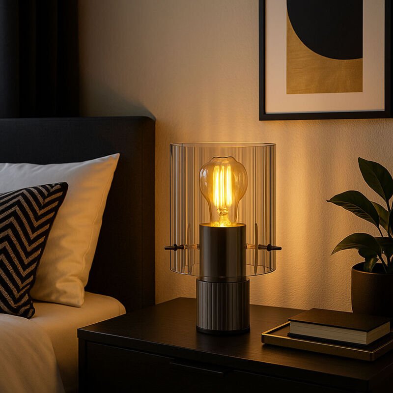 LED Tischleuchte Rauchglas Beistellleuchte Metall grau Wohnzimmer Tischlampe, Kabelschalter, 1x 7W 630lm warmweiß, DxH 1...