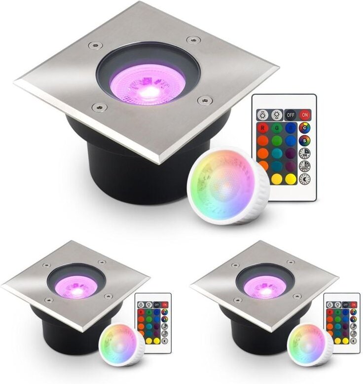 Thumbnail - LED Bodeneinbaustrahler flach eckig Edelstahl 230V IP67 - Leuchtmittel: 5W RGB+CCT DIMMBAR 60° - Anzahl: 3x