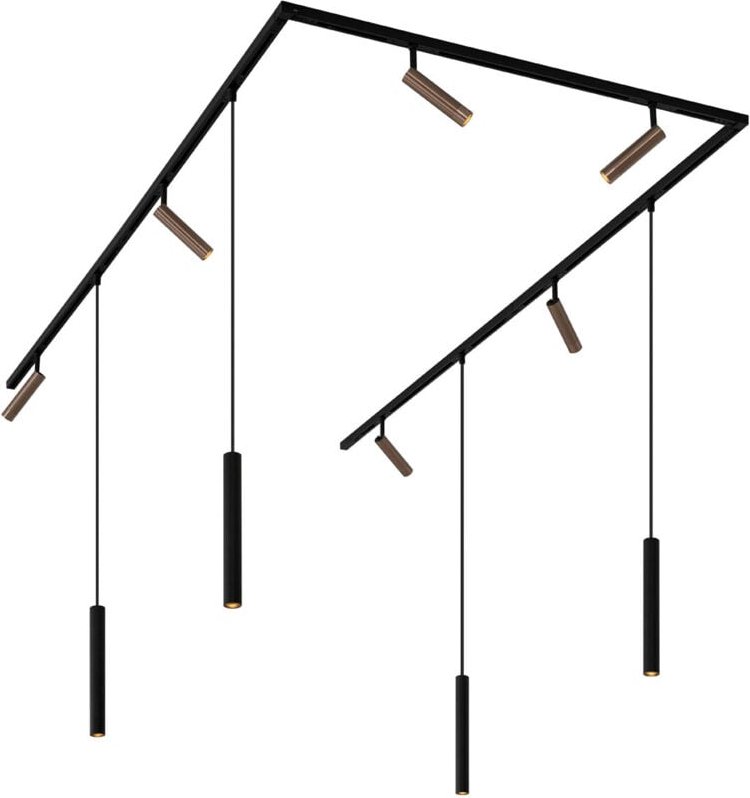 Modernes Schienensystem mit 6 Strahlern und 4 Pendelleuchten Dunkelbronze 1-phasig - Slimline Uzzy Keno