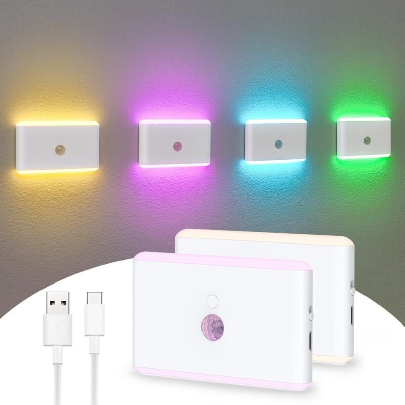 Bewegungsmelder-Nachtlicht, 5 Farben, wiederaufladbar, Dämmerungssensor, variable Treppenbeleuchtung, kleine Schlafzimme...