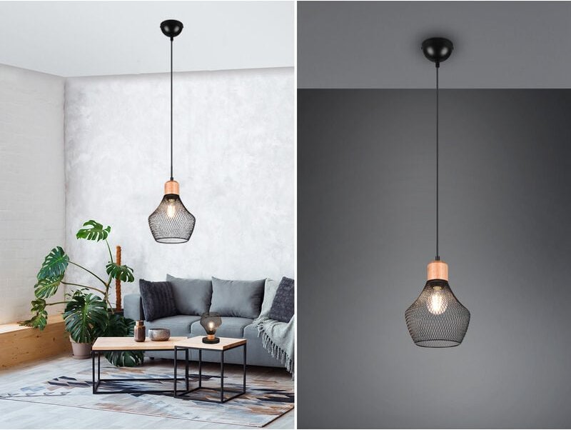 Trio Lighting - Vintage Pendelleuchte valeria Drahtgeflecht Schwarz mit Holz, ø 18cm