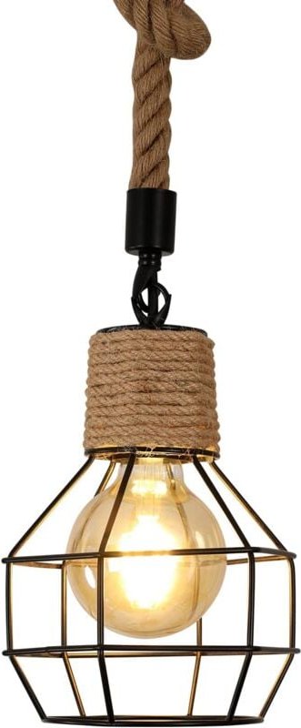 GOECO Vintage Pendelleuchte Holz Esstisch, 1 Flammige Hängelampe Hanfseil Holz Kronleuchter Metall Schwarz, Verstellbare...