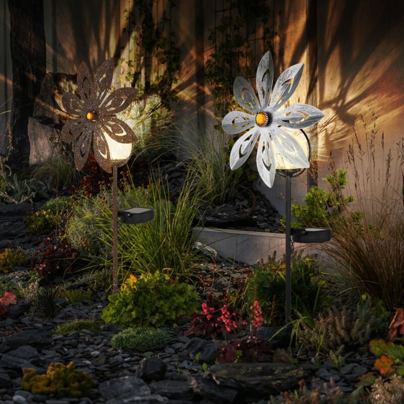 Thumbnail - LED Solarlampe Windrad rostfarben Gartendeko Terrassenlampe silber grau Außenlampe Erdspieß, Metall, Bruchglas, warmweiß...