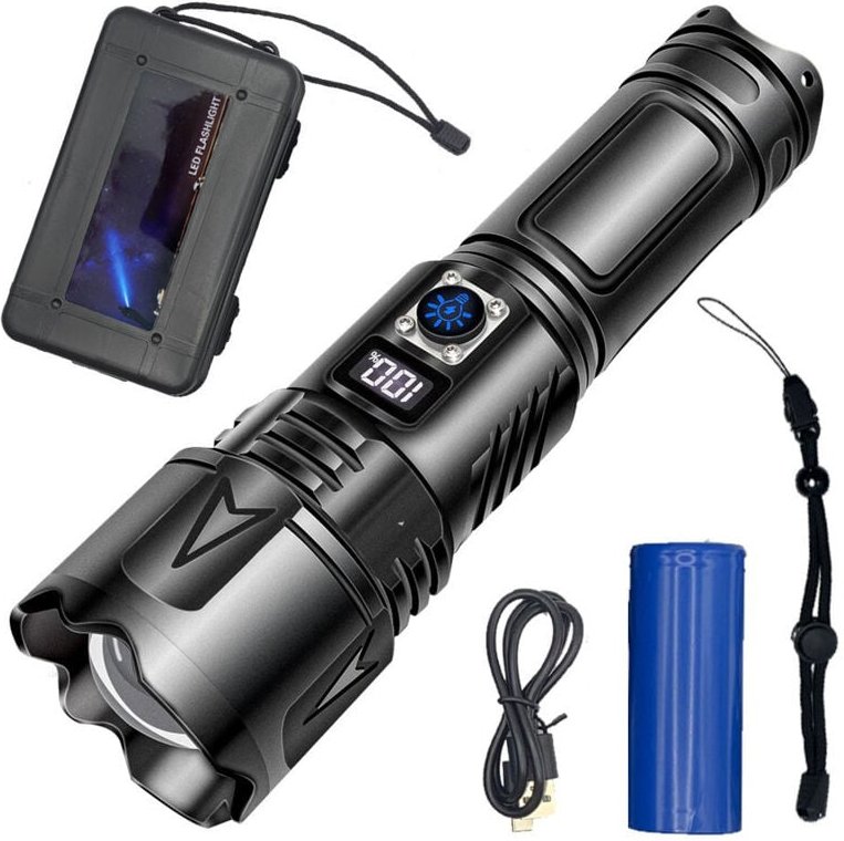 Ultrastarke LED-Taschenlampe, wiederaufladbare USB-C-Taschenlampe, multifunktionale taktische Taschenlampen mit großer R...