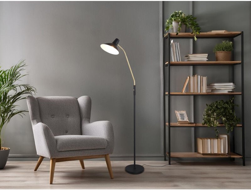 Retro led Stehleuchte mit Flexarm, Metall Schwarz-Gold Höhe 145cm