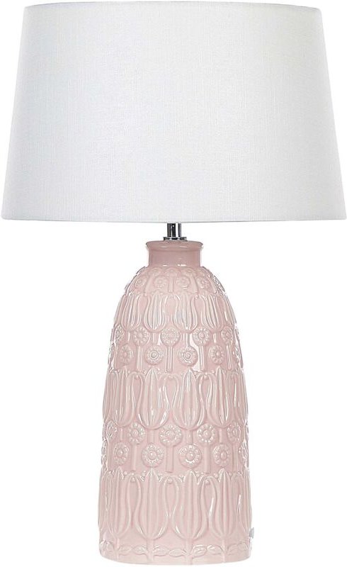 Tischlampe mit Keramikfuß Rosa 56 cm Blumenmotiv Langes Kabel mit Schalter Lampenschirm aus Baumwolle / Jute in Weiß Woh...