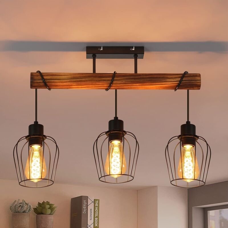 Thumbnail - GBLY Retro Deckenleuchte Vintage Deckenlampe 3 flammige Holz Wohnzimmerlampe im Industrial Design mit höhenverstellbaren...