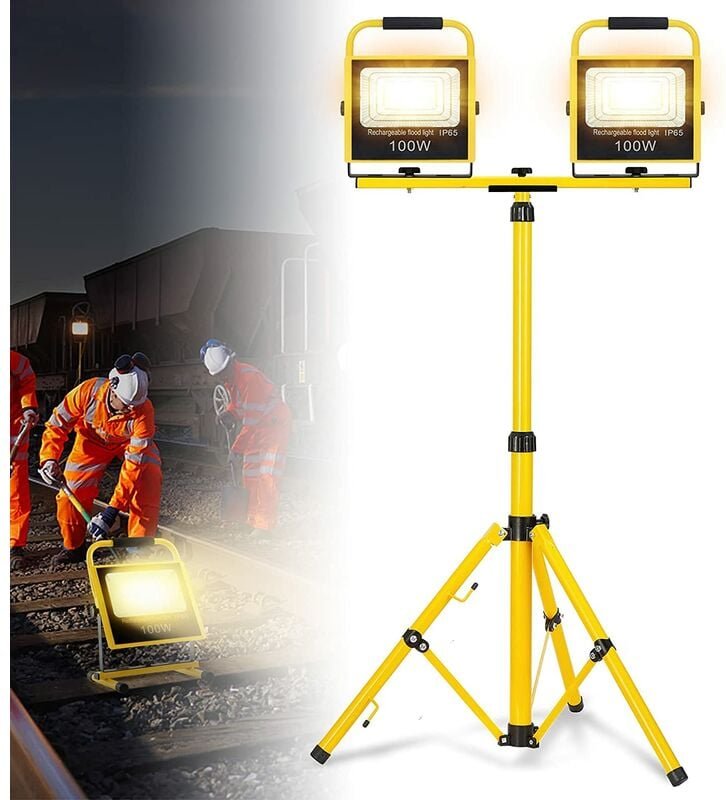UISEBRT LED Baustrahler Akku Baustellen Strahler 2*100W Warmweiß mit Stativ LED Arbeitsscheinwerfer inkl. Standgestell m...