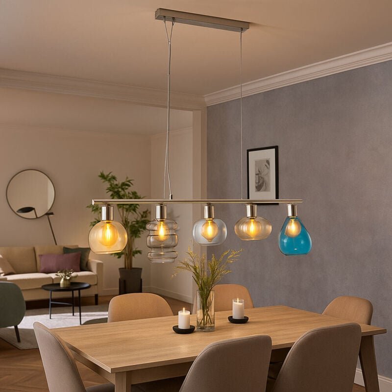 Hängeleuchte Glasschirme Esszimmerleuchte Hängend Hängelampe Esszimmer, blau amber rauch klar, Metall, 5 Flammig E14 Fas...