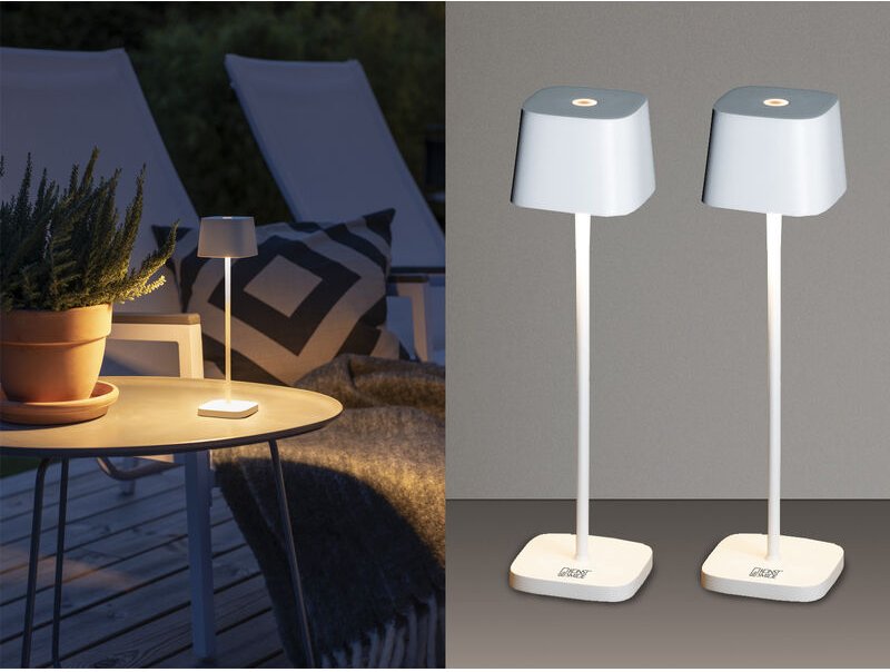 2er Set Wiederaufladbare LED Outdoor Tischleuchten dimmbar in Weiß, Höhe 25cm