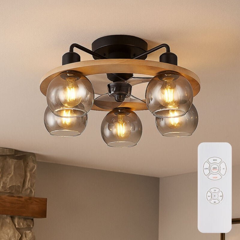 Thumbnail - Deckenventilator mit Fernbedienung Deckenleuchte Holz Ventilator Ventilatorlampe Retro Rauchglas, Metall Glas, 5x E27, D...
