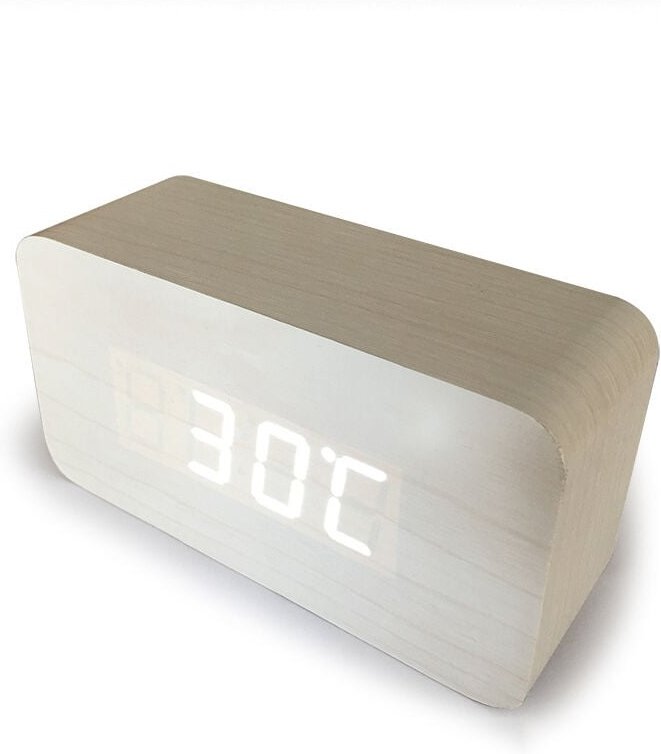 Weißer digitaler Wecker aus Holz, einstellbare Helligkeit, Sprachsteuerung, LED-Uhr, rechteckige Anzeige, Zeit, Temperat...
