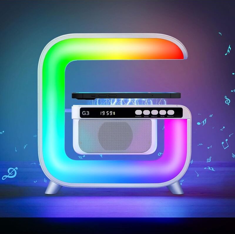 Neue smarte Tischlampe, Stimmungsleuchte mit kabellosem Ladegerät, Bluetooth-Lautsprecher, LED-Tischlampe, Nachtlicht, N...