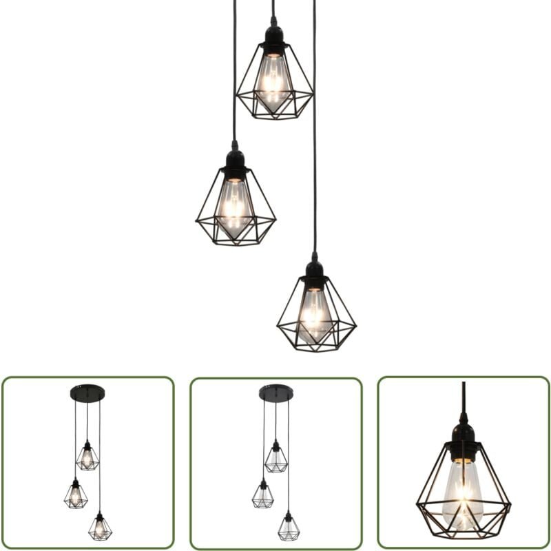 The Living Store - Deckenleuchte mit Diamant-Design Schwarz 3 x E27 Glühbirnen - Metalldeckeleuchte - Schwarze Deckenleu...