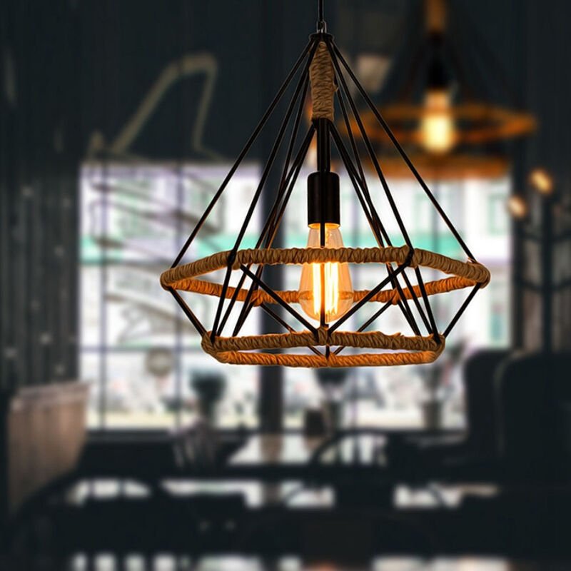 Pendelleuchte Vintage, Ø25cm Diamant-form Kronleuchter, Retro Industrielle Hanf Seil Hängelampe mit Käfig 27 Fassung (Sc...