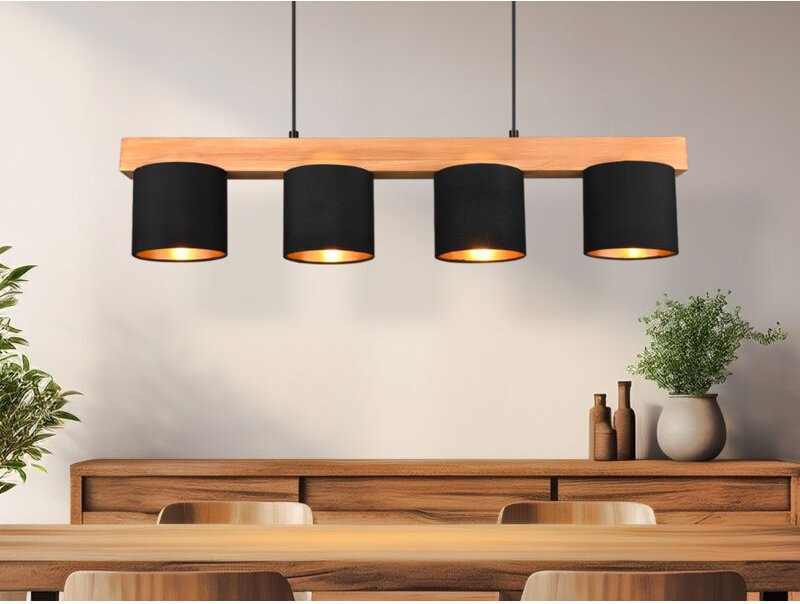 Pendelleuchte cameron Holzbalken 4-flammig Stoffschirme Schwarz Gold, b: 75cm