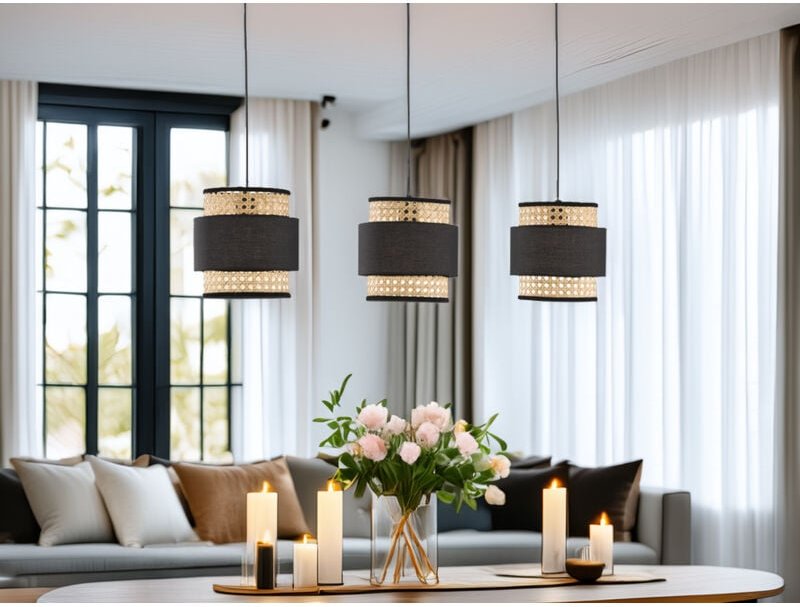 Fischer&honsel - Pendelleuchte tape 3-flammig aus Rattan Lampenschirmen mit Stoff, Breite 74cm