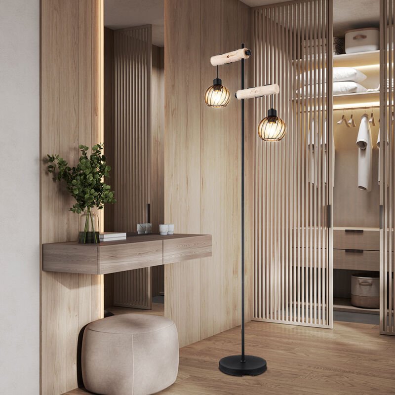 Stehleuchte Holz 2 Flammig Wohnzimmerleuchte stehend Höhenverstellbar Stehlampe Glas amber, schwarz Metall, led 7W 806Lm...