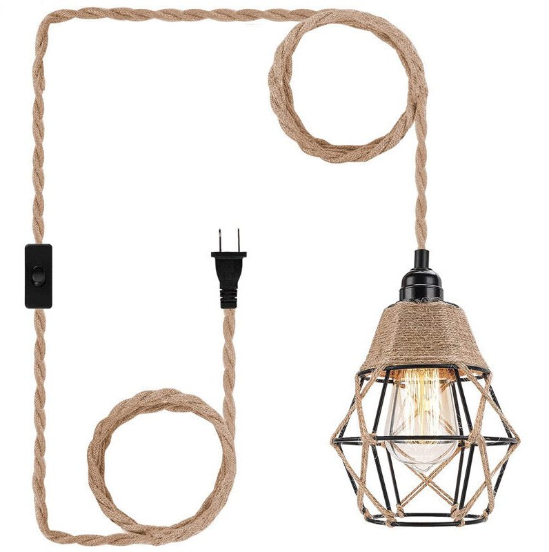 Rattan-Pendelleuchte mit Stecker und 4,5 m Kabel, Vintage-Lampenschirm mit Hanfseil, E27-Fassung, für Küche, Balkon, Flu...
