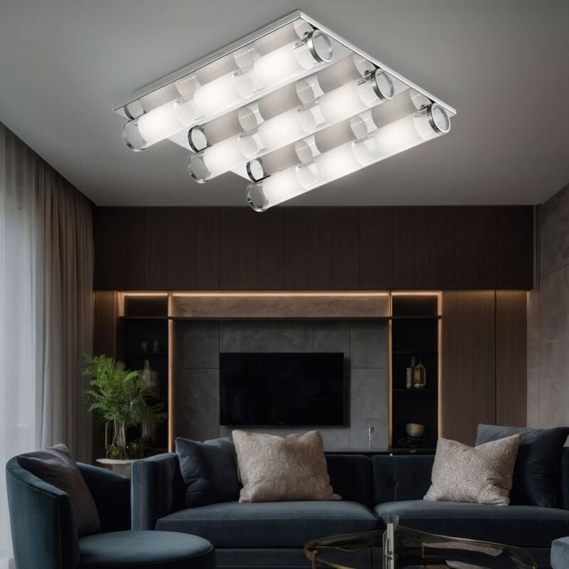 Deckenleuchte Glas satiniert Wohnzimmerleuchte Decke Deckenlampe chrom, Alu, 9 LED 3W 300Lm warmweiß, LxBxH 40x40x8 cm