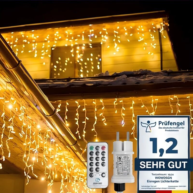15m LED-Eiszapfen-Lichterkette mit Timer & 8 Modi, Warmweiß, IP44 – für Dachrinne, Balkon, Terrasse und Weihnachtsdekora...