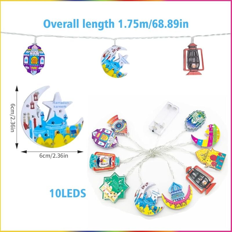 Ramadan-Lichterketten, 10 batteriebetriebene LED-Lichter in Mond- und Sternform, Ramadan-Dekorationen, bunte LED-Lichter...