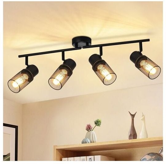 Deckenstrahler 4 Flammig Vintage Deckenleuchte - Deckenspots Schwarz Metall E27 Spot Deckenlampe Verstellbar 330°Strahle...