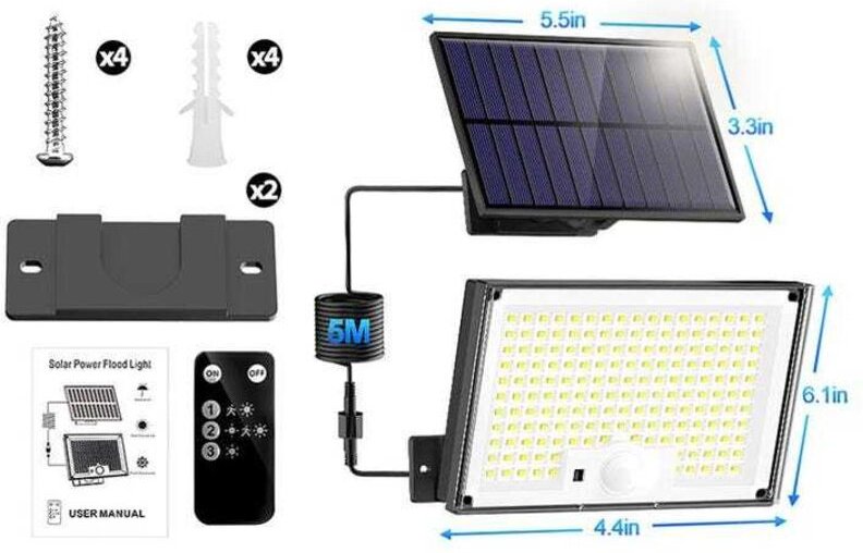 Solarleuchte Außen 172 LED, Bewegungsmelder, IP65, 3 Lichtmodi, Fernbedienung